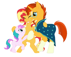 Size: 758x610 | Tagged: safe, artist:duomochiaro, sunburst, sunset shimmer, oc, oc:star dreams, pony, unicorn, cloak, clothes, female, filly, foal, male, mare, siblings, simple background, stallion, sunny siblings, trio, white background