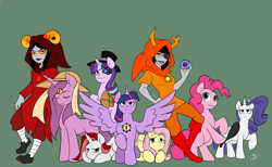 Size: 2808x1728 | Tagged: source needed, safe, artist:tabula-rasa, fluttershy, pinkie pie, rarity, starlight glimmer, twilight sparkle, twilight sparkle (alicorn), oc, alicorn, cyborg, earth pony, pegasus, pony, unicorn, fanfic:songs of the spheres, fanfic:the influence, aradia megido, crossover, fanfic, fanfic art, frying pan, homestuck, twilence, vriska serket