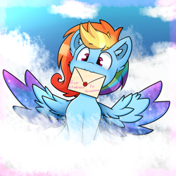 Size: 1600x1600 | Tagged: safe, artist:madacon, derpibooru import, rainbow dash, pegasus, pony, cloud, cute, dashabetes, ear fluff, female, letter, mare, mouth hold, on a cloud, sitting, sitting on cloud, sky, solo, spread wings, wings