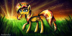 Size: 1366x685 | Tagged: safe, artist:ambersha, sunset shimmer, pony, solo, sunset