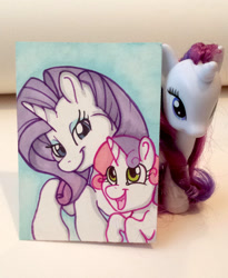 Size: 570x695 | Tagged: safe, artist:reaperfox, rarity, sweetie belle, pony, unicorn, brushable, photo, toy, traditional art