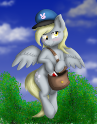 Size: 3000x3827 | Tagged: safe, artist:joey darkmeat, artist:kurausuki, derpy hooves, semi-anthro, blushing, colored, hat, heart, letter, mailbag, mailpony, solo