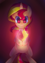 Size: 1024x1434 | Tagged: safe, artist:drawntildawn, sunset shimmer, pony, equestria girls, fiery shimmer, fire, heart, solo, watermark