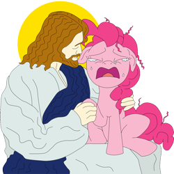 Size: 800x800 | Tagged: safe, artist:lycanianspike, pinkie pie, earth pony, pony, christianity, comforting, crying, drama, jesus christ, religion, religious, religious focus, sad