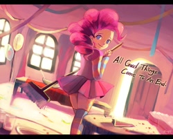 Size: 900x725 | Tagged: safe, artist:amy30535, pinkie pie, human, after party, broom, cleaning, clothes, dialogue, humanized, looking at you, looking back, messy, sad in hindsight, skirt, solo