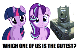 Size: 1100x730 | Tagged: safe, starlight glimmer, twilight sparkle, pony, unicorn, comparison, kv-2, meme, my little pony, soviet union, war thunder, which one of us is the cutest
