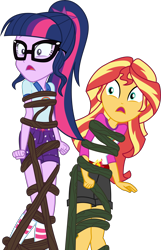 Size: 8220x12734 | Tagged: safe, artist:pink1ejack, sci-twi, sunset shimmer, twilight sparkle, equestria girls, legend of everfree, absurd resolution, bondage, clothes, glasses, i've seen enough hentai to know where this is going, open mouth, shorts, simple background, stuck, tied up, transparent background, vector, vine