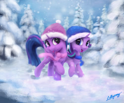 Size: 900x750 | Tagged: safe, artist:lollipony, starlight glimmer, twilight sparkle, twilight sparkle (alicorn), alicorn, pony, unicorn, beanie, clothes, cute, digital art, duo, duo female, female, fir tree, hat, looking at you, mare, open mouth, raised hoof, scarf, scenery, signature, smiling, snow, snowfall, stocking cap, tongue out, tree, trotting, twiabetes, winter