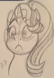 Size: 1280x1839 | Tagged: safe, artist:ashartsathing, starlight glimmer, pony, unicorn, bust, frown, monochrome, portrait, sketch, solo, traditional art