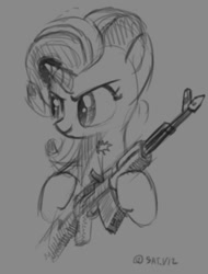 Size: 662x873 | Tagged: safe, artist:satv12, starlight glimmer, pony, unicorn, ak, ak-47, assault rifle, female, grayscale, gun, mare, monochrome, rifle, sketch, solo, weapon