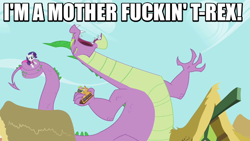 Size: 640x360 | Tagged: safe, edit, edited screencap, screencap, rarity, spike, dragon, pony, unicorn, secret of my excess, coils, image macro, jurassic park, meme, nostalgia critic, song reference, spikezilla, vulgar