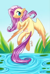 Size: 600x886 | Tagged: safe, artist:whitephox, fluttershy, pegasus, pony, flying, looking back, solo, water