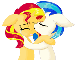 Size: 570x442 | Tagged: safe, artist:duomochiaro, dj pon-3, sunset shimmer, vinyl scratch, pony, crying, friendshipping, hug, simple background, white background