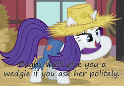 Size: 700x488 | Tagged: safe, rarity, pony, unicorn, simple ways, alternate hairstyle, derp, hat, insane pony thread, nose picking, overalls, rarihick, solo, straw hat, wedgie