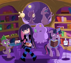 Size: 1400x1250 | Tagged: safe, artist:luna77899, derpibooru import, spike, twilight sparkle, dragon, adventure time, aipom, anarchy stocking, book, candle, cellphone, crossover, espeon, golden oaks library, litwick, lumpy space princess, magic, moon, panty and stocking with garterbelt, phone, pokémon, purple, sofa, telekinesis