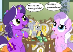 Size: 1216x870 | Tagged: safe, artist:ohohokapi, derpy hooves, diamond tiara, tank, oc, oc:purple tinker, alicorn, pony, alicornified, bitcoin, bits, bourgeoisie, derpicorn, open mouth, princess derpy, race swap, sack, sitting, smiling, spread wings, table