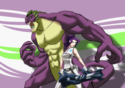 Size: 3508x2480 | Tagged: safe, artist:smilingdogz, rarity, spike, human, abs, female, humanized, male, shipping, sparity, spikezilla, straight, weapon