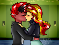 Size: 1750x1350 | Tagged: safe, artist:jack-pie, sunset shimmer, oc, oc:fowac, equestria girls, alicorn oc, canon x oc, canterlot high, clothes, commission, equestria girls-ified, eyes closed, hallway, jacket, kissing, lockers, male, red and black oc, shipping, signature, straight