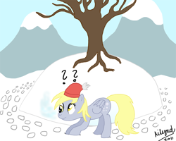 Size: 1000x800 | Tagged: safe, artist:ailynd, derpy hooves, pegasus, pony, cap, female, hat, hoofprints, mare, snow, solo, winnie the pooh