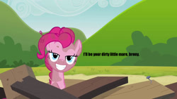 Size: 1280x720 | Tagged: safe, edit, edited screencap, screencap, pinkie pie, earth pony, pony, too many pinkie pies, bedroom eyes, bronybait, dirty, out of context, solo
