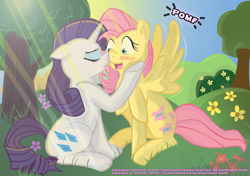 Size: 2000x1408 | Tagged: safe, artist:enigmaticfrustration, artist:fluffywuffs, fluttershy, rarity, pegasus, pony, unicorn, blushing, eyes closed, female, flarity, kissing, lesbian, pomf, shipping, wingboner