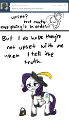 Size: 638x1125 | Tagged: safe, artist:moonblizzard, rarity, pony, unicorn, ask, clothes, hat, rarity answers, solo, tumblr