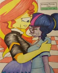 Size: 1024x1284 | Tagged: safe, artist:missmayaleanne, sci-twi, sunset shimmer, twilight sparkle, equestria girls, clothes, crying, depression, female, hospital, hospital gown, hug, lesbian, sad, scitwishimmer, shipping, story included, sunsetsparkle, traditional art