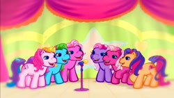 Size: 1280x720 | Tagged: safe, derpibooru import, screencap, cheerilee (g3), pinkie pie, pinkie pie (g3), rainbow dash, rainbow dash (g3), scootaloo, scootaloo (g3), starsong, toola roola, earth pony, pony, g3, core seven, make a new friend every day, meet the ponies, microphone, singing, stage, starsong's dance & sing party