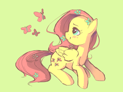 Size: 1040x780 | Tagged: safe, artist:karzahnii, fluttershy, butterfly, pegasus, pony, flower, solo