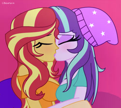 Size: 1554x1385 | Tagged: safe, artist:cbear624, starlight glimmer, sunset shimmer, equestria girls, mirror magic, spoiler:eqg specials, beanie, blushing, breasts, clothes, eyes closed, female, hat, kissing, lesbian, shimmerglimmer, shipping, shirt, sunset jiggler