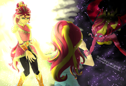 Size: 4092x2800 | Tagged: safe, artist:randyleighd, sunset satan, sunset shimmer, equestria girls, legend of everfree, absurd resolution, clothes, elf ears, evil, good, ponied up, rear view, solo, sunset's conscience, super ponied up