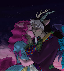 Size: 1024x1144 | Tagged: safe, artist:zabchan, discord, pinkie pie, human, blushing, clothes, discopie, dress, eared humanization, female, horned humanization, humanized, kissing, male, shipping, straight, tailed humanization, winged humanization