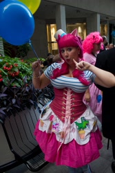 Size: 2581x3872 | Tagged: safe, artist:bewitchedraven, gummy, pinkie pie, human, balloon, clothes, corset, cosplay, custom, dragoncon, dragoncon 2012, dress, gala dress, irl, irl human, perler beads, photo