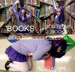 Size: 625x600 | Tagged: safe, artist:mintyblitzz, derpibooru import, twilight sparkle, human, book, cosplay, female, glasses, horned humanization, i'm so alone, irl, irl human, library, meme, photo, that pony sure does love books