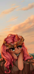 Size: 1400x3000 | Tagged: safe, artist:vardastouch, fluttershy, pegasus, pony, cloud, cloudy, floral head wreath, sky, solo, sunset, wreath