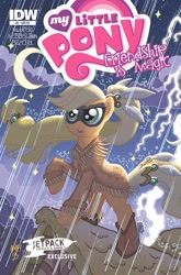 Size: 659x1000 | Tagged: safe, idw, applejack, earth pony, pony, comic cover, cover, lightning, moon, night, rain, solo, storm