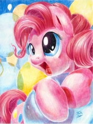 Size: 600x799 | Tagged: safe, artist:tsitra360, pinkie pie, earth pony, pony, balloon, happy, solo, traditional art