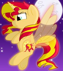 Size: 2190x2450 | Tagged: safe, artist:ashleigharts, sunset shimmer, alicorn, pony, alicornified, female, flying, full moon, mare, moon, race swap, shimmercorn, solo, transparent wings