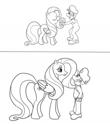 Size: 1950x2200 | Tagged: safe, artist:midnight-wizard, fluttershy, pegasus, pony, :o, crossover, eating, eyes closed, growth, luigi, monochrome, mushroom, open mouth, smiling, super mario bros., super mushroom, wide eyes