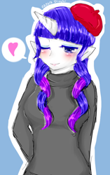 Size: 444x709 | Tagged: safe, artist:divided-s, rarity, human, beatnik rarity, beret, clothes, elf ears, hat, horned humanization, humanized, pixiv, solo