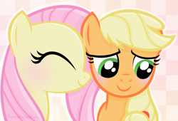 Size: 1280x870 | Tagged: safe, artist:euphoriapony, applejack, fluttershy, earth pony, pegasus, pony, appleshy, blushing, female, lesbian, missing accessory, nuzzling, shipping