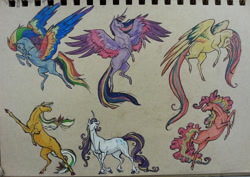 Size: 737x523 | Tagged: safe, artist:zalay, derpibooru import, applejack, fluttershy, pinkie pie, rainbow dash, rarity, twilight sparkle, twilight sparkle (alicorn), alicorn, earth pony, pegasus, pony, unicorn, female, mane six, mare, rainbow power, traditional art