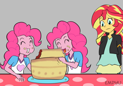 Size: 1000x700 | Tagged: safe, artist:empyu, pinkie pie, sunset shimmer, equestria girls, cake, clothes, cute, diapinkes, duality, eating, eyes closed, female, food, jacket, open mouth, raised eyebrow, self paradox, simple background, smiling, table, trio, trio female