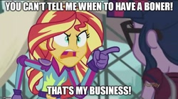 Size: 888x499 | Tagged: safe, edit, edited screencap, screencap, sci-twi, sunset shimmer, twilight sparkle, equestria girls, angry, caption, exploitable meme, image macro, meme, metalocalypse, sunset yells at twilight