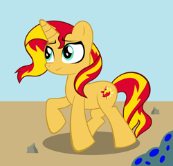 Size: 1944x1875 | Tagged: safe, artist:hells-edge, sunset shimmer, pony, unicorn, raised hoof, rock, smiling, solo