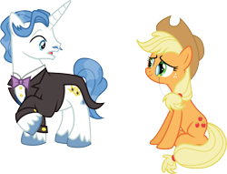 Size: 3735x2851 | Tagged: safe, artist:ready2fail, applejack, fancypants, earth pony, pony, applepants, cute, eye contact, fancijack, female, male, monocle, simple background, smiling, straight, surprised, transparent background, unshorn fetlocks, vector