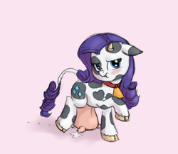 Size: 760x660 | Tagged: safe, artist:carnifex, artist:deeriojim, rarity, cow, collar, cow udder, cowbell, cowified, female, lactation, leaking, looking at you, milk, puddle, raricow, saggy, solo, species swap, udder