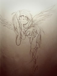 Size: 768x1024 | Tagged: safe, artist:black dog, fluttershy, pegasus, pony, dark, flying, solo, traditional art, wip