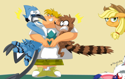 Size: 3582x2266 | Tagged: safe, artist:mordecairigbylover, applejack, earth pony, pony, crossover, hug, mordecai, mordecai and rigby, owen, regular show, rigby, total drama island