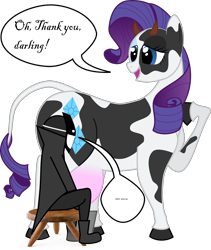 Size: 1719x2035 | Tagged: safe, artist:shitigal-artust, rarity, oc, cow, human, bucket, cowified, female, milking, raricow, simple background, species swap, speech, transparent background, udder, vulgar